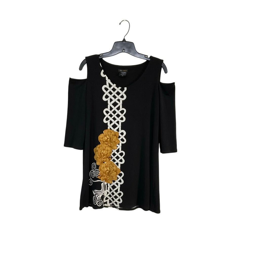 Eva Varro V-Neck Cold Shoulder Tunic Top Floral Size Medium Celtic Knots Stretch